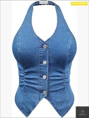 Plus Size Halter Denim Vest Top Sleeveless Ruched Jean Tank Y2K Concert Outfit